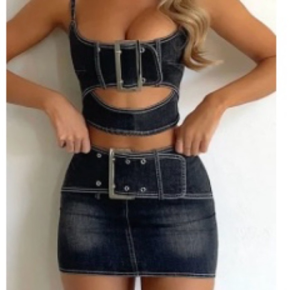 Denim Metal Buckle Cut Out Crop Cami Bodycon Mini Skirt Matching Set NWOT